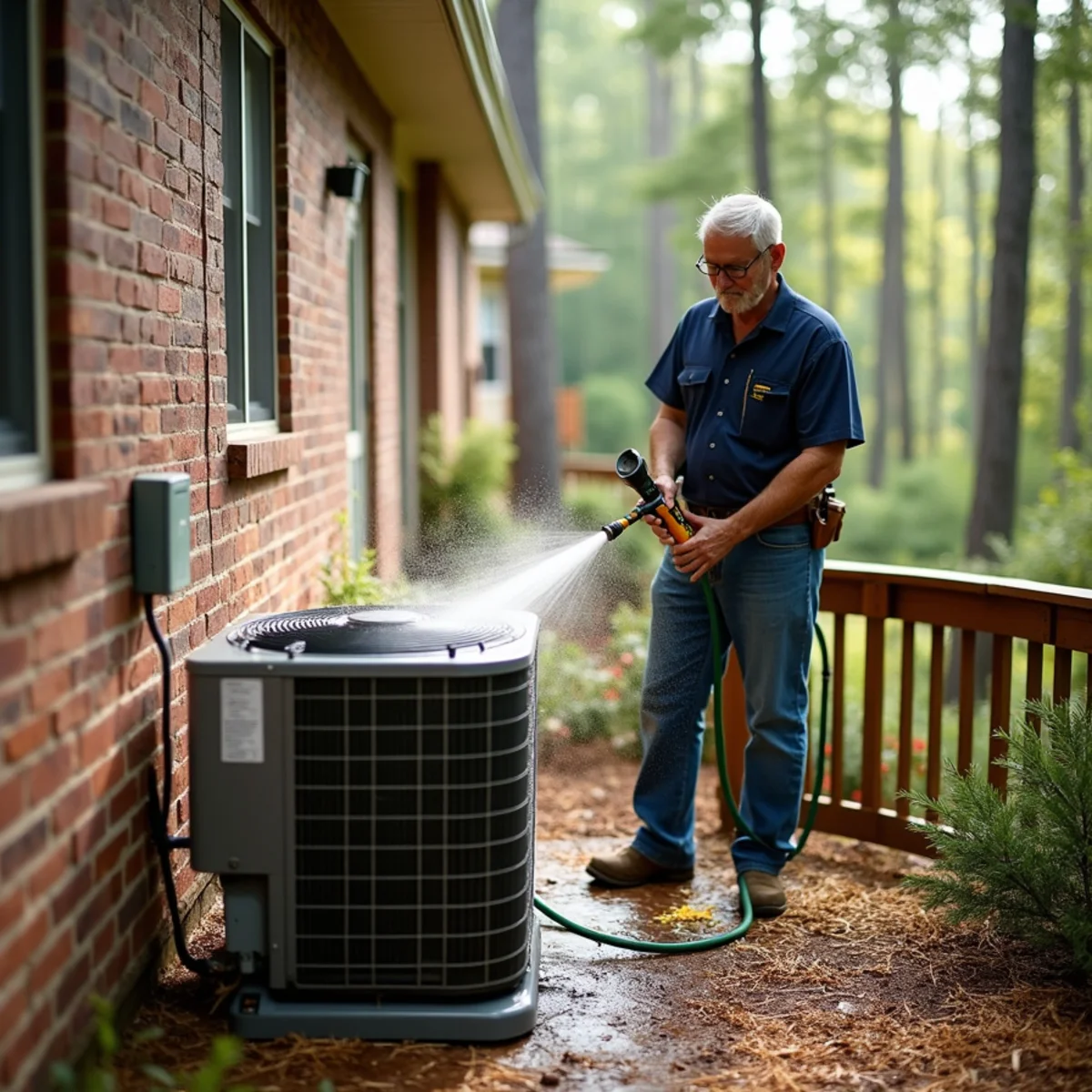 Homeowner rinsing pine pollen off an outdoor AC condenser coil with a garden hose beside a two-story home in Stallings, NC