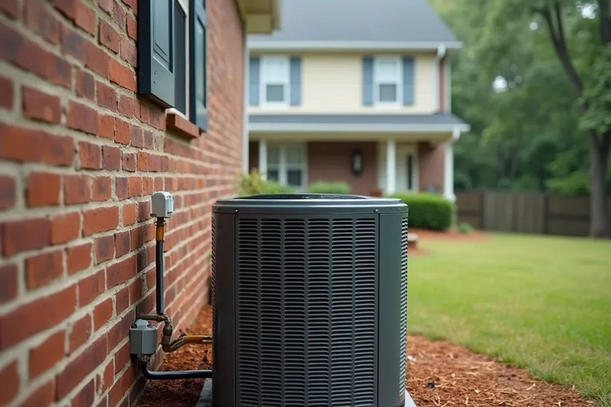 Two-story 1990s brick and vinyl home in Matthews, NC with an outdoor heat pump on a pad beside the crawl space vent